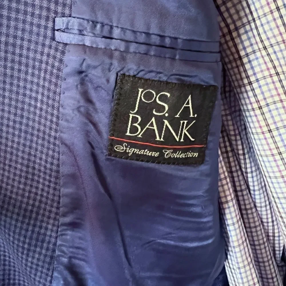 EUC Men's Jos. A. Bank Navy Gingham Check Sport Coat Blazer Jacket‎ 44L 44 Long